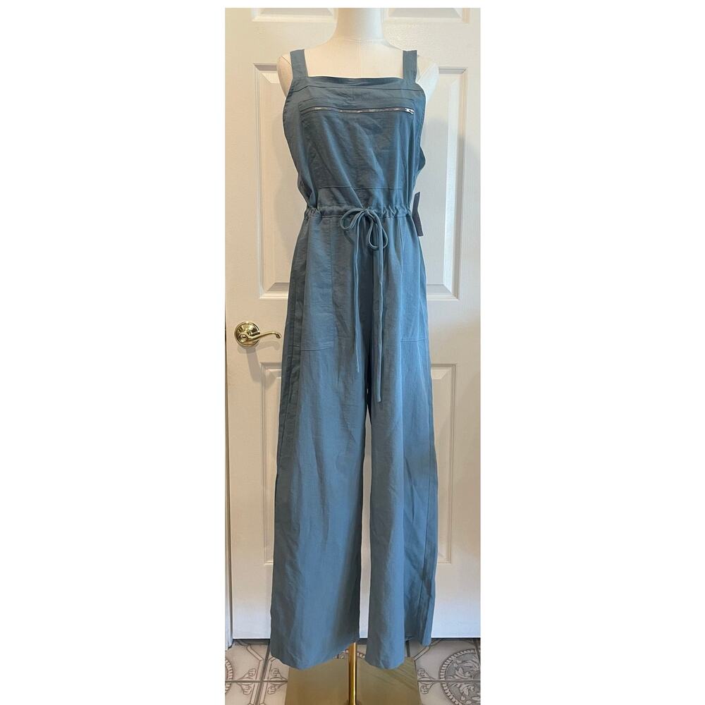 Women's Wide Leg Jumpsuit Slate Blue Square Neck Drawstring Romper Overalls Sz S